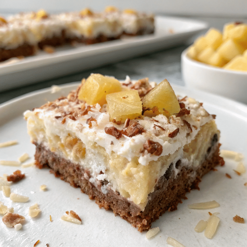 Rocky road ice cream cake with pineapple chunks and coconut shreds.