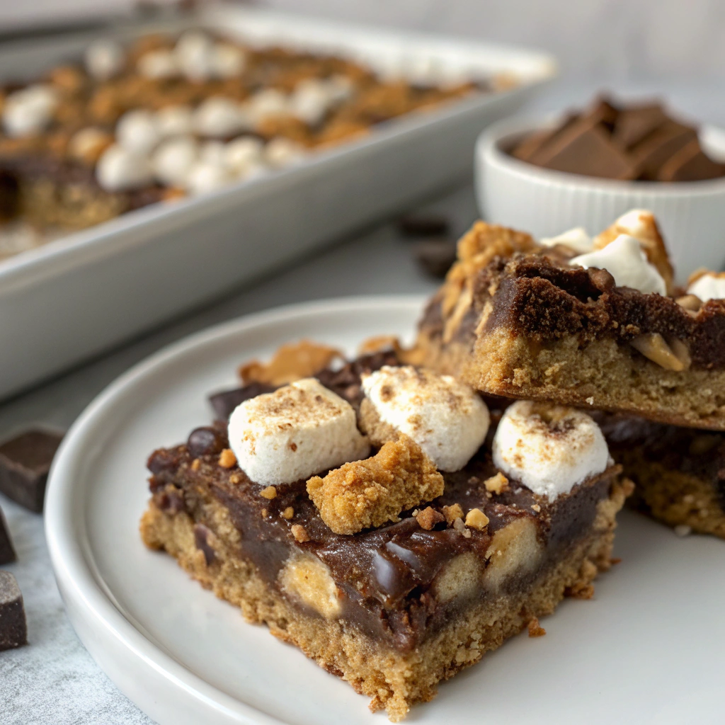 Rocky road ice cream bars topped with marshmallows and graham cracker pieces on a plate.