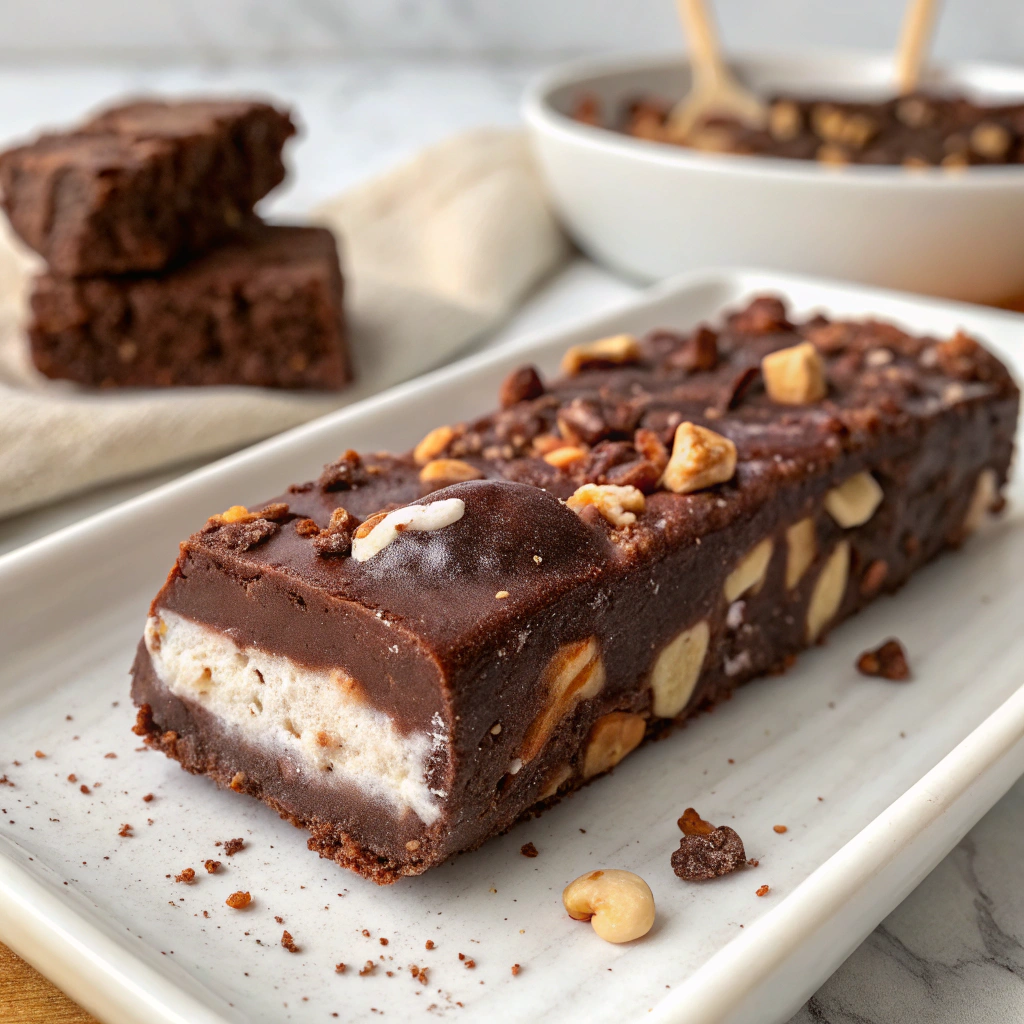 Rocky Road ice cream bar without nuts on a white plate.