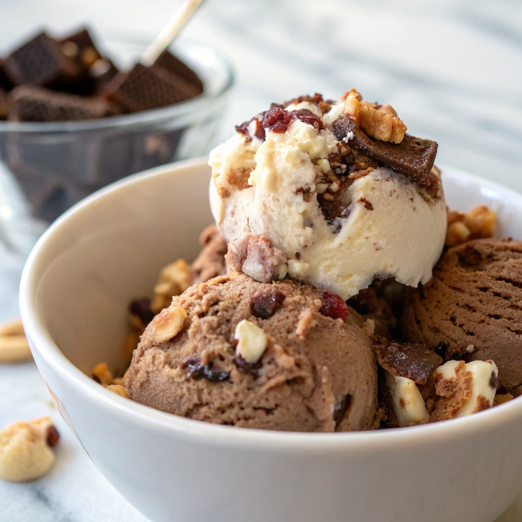 Close-up of rocky road vegan ice cream scoops in a white bowl topped with chopped nuts, chocolate chunks, and dried cranberries.