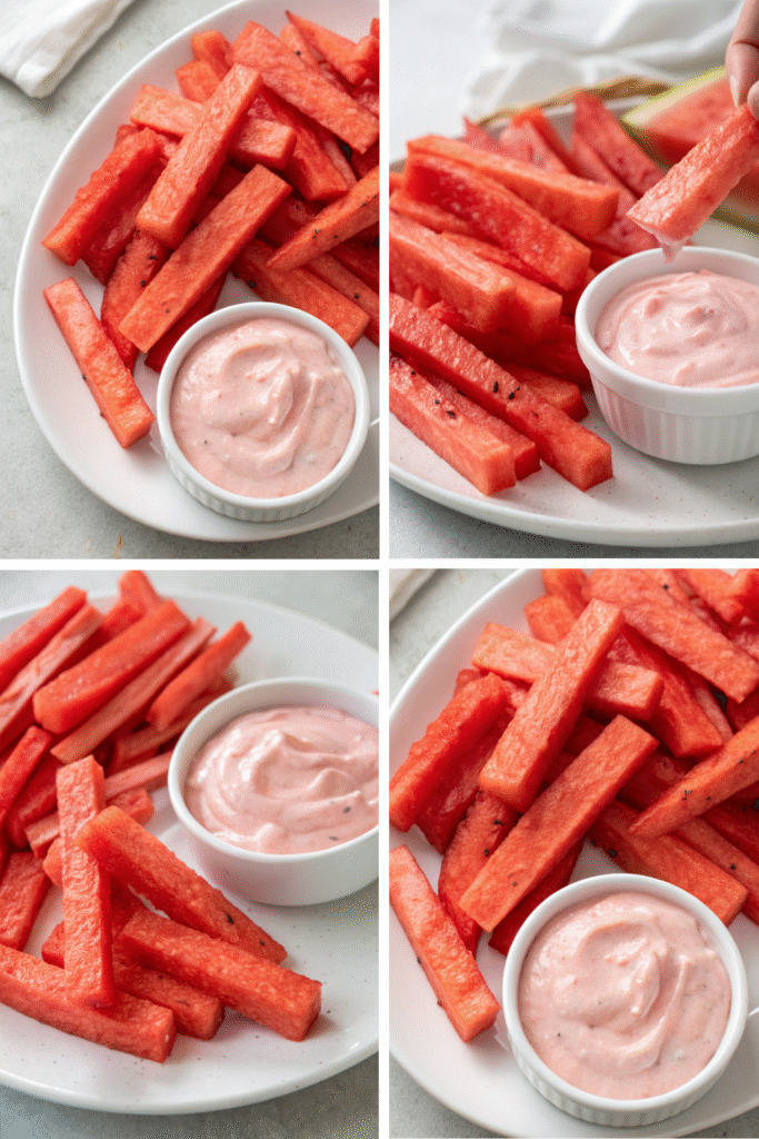 Watermelon fries served with a creamy pink dip on a white plate.