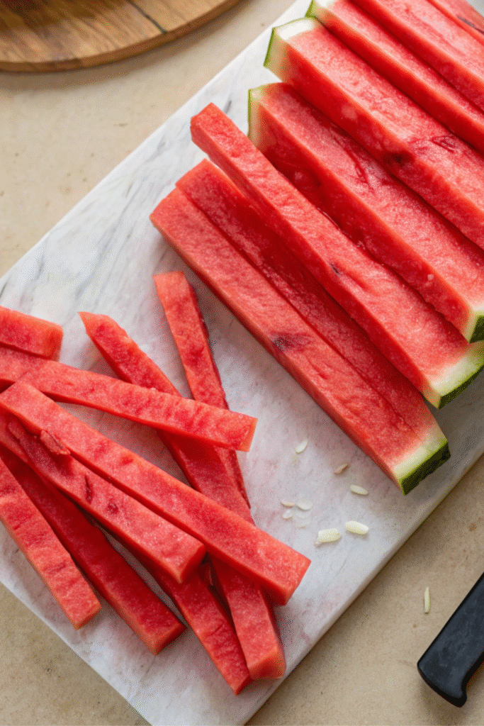 Fresh watermelon cut into crinkle-shaped fry sticks on a marble cutting board.