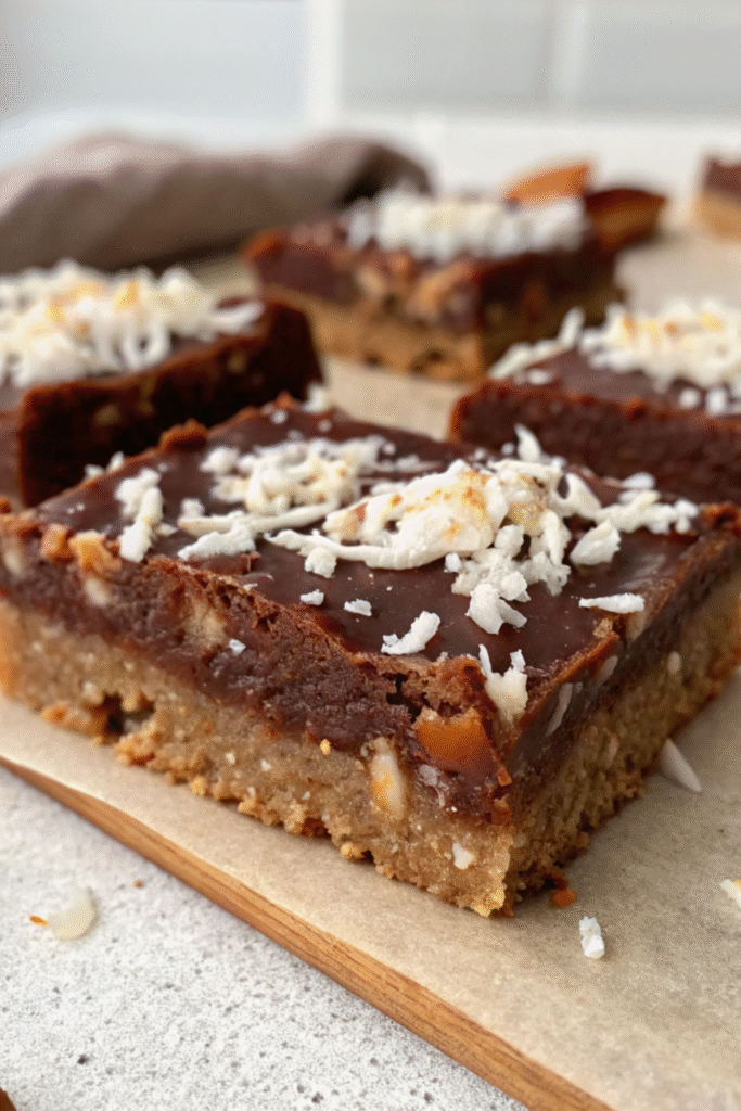 Close-up of sliced vegan chocolate coconut bar topped with shredded coconut.