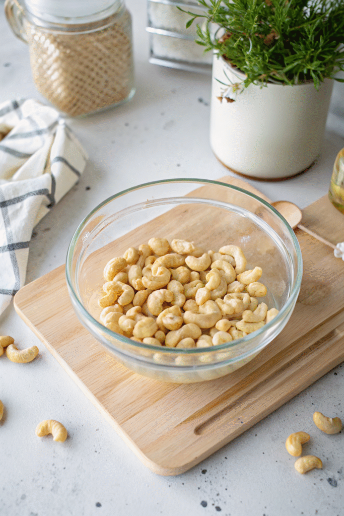 Raw cashews in a clear glass bowl on a wooden cutting board.