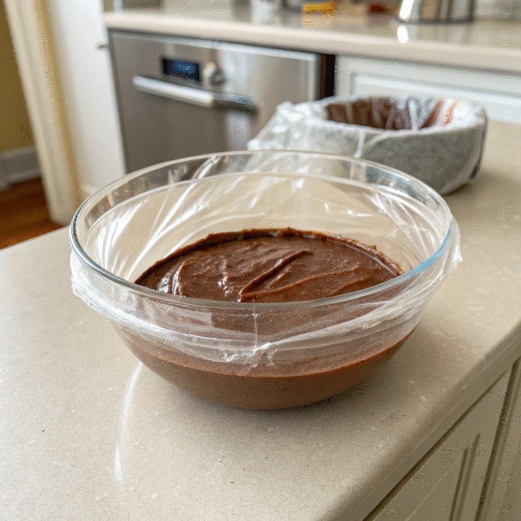 Glass bowl filled with chocolate mixture, covered with plastic wrap, on a kitchen countertop.