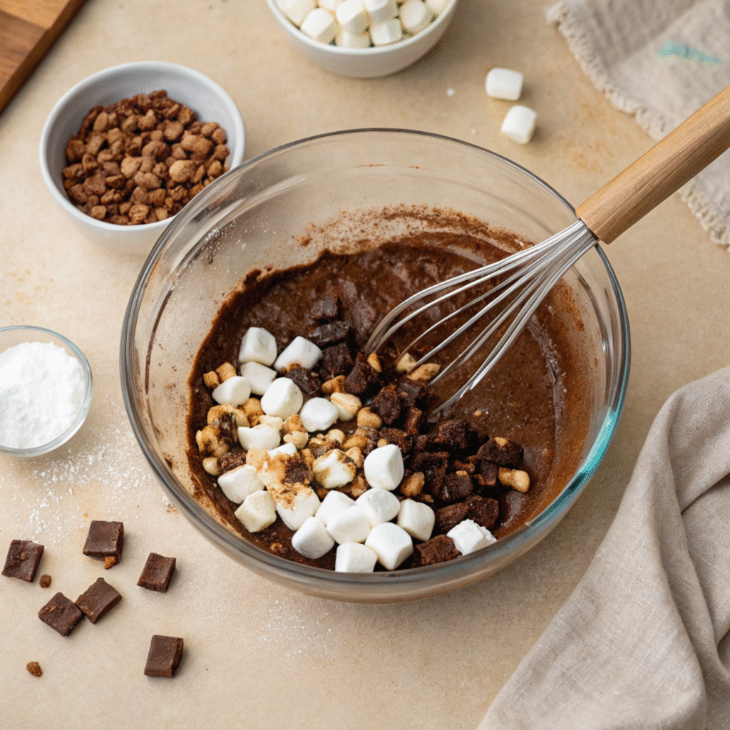 Glass bowl with chocolate mixture, marshmallows, and mix-ins on a beige kitchen counter.