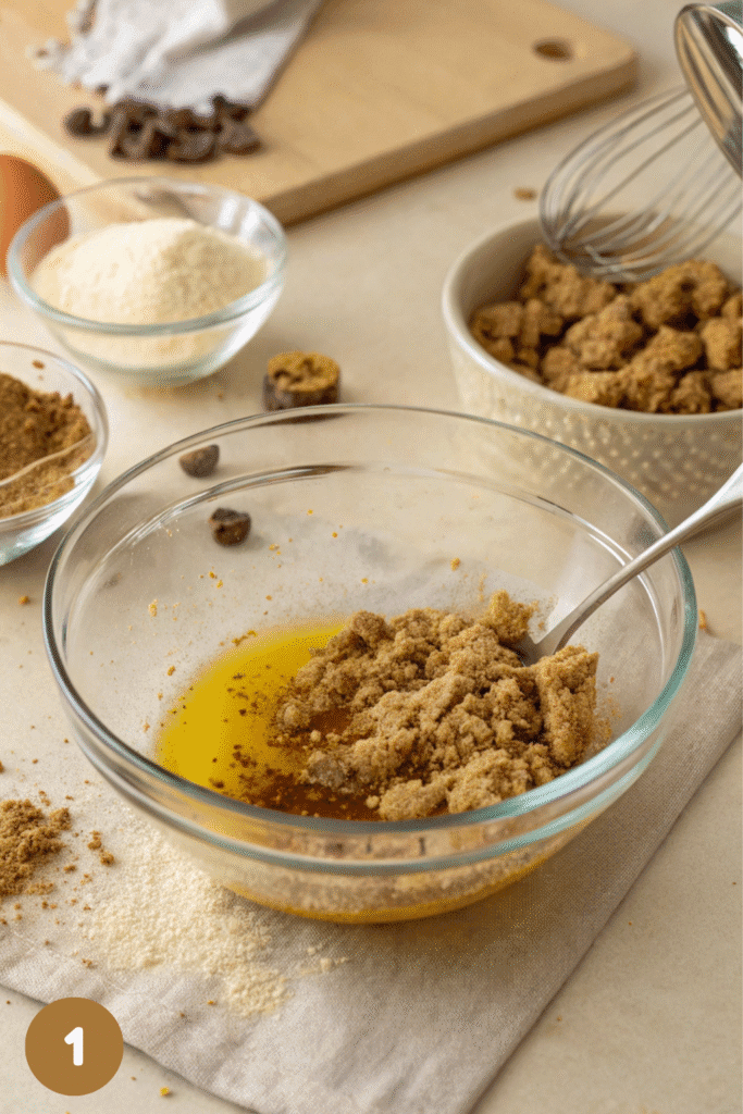 Mixing cookie crumbs and melted coconut oil in a glass bowl