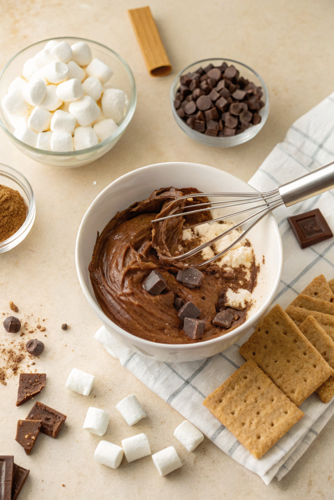 Chocolate mixture in a white bowl with marshmallows, graham cracker pieces, and chocolate chunks being mixed with a whisk.
