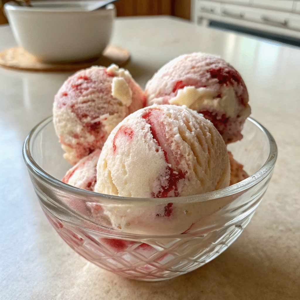 Creamy vanilla ice cream with rich strawberry swirls in a glass bowl.