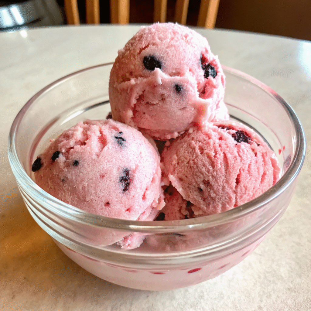 A bowl of creamy vegan berry ice cream with dark berry pieces.