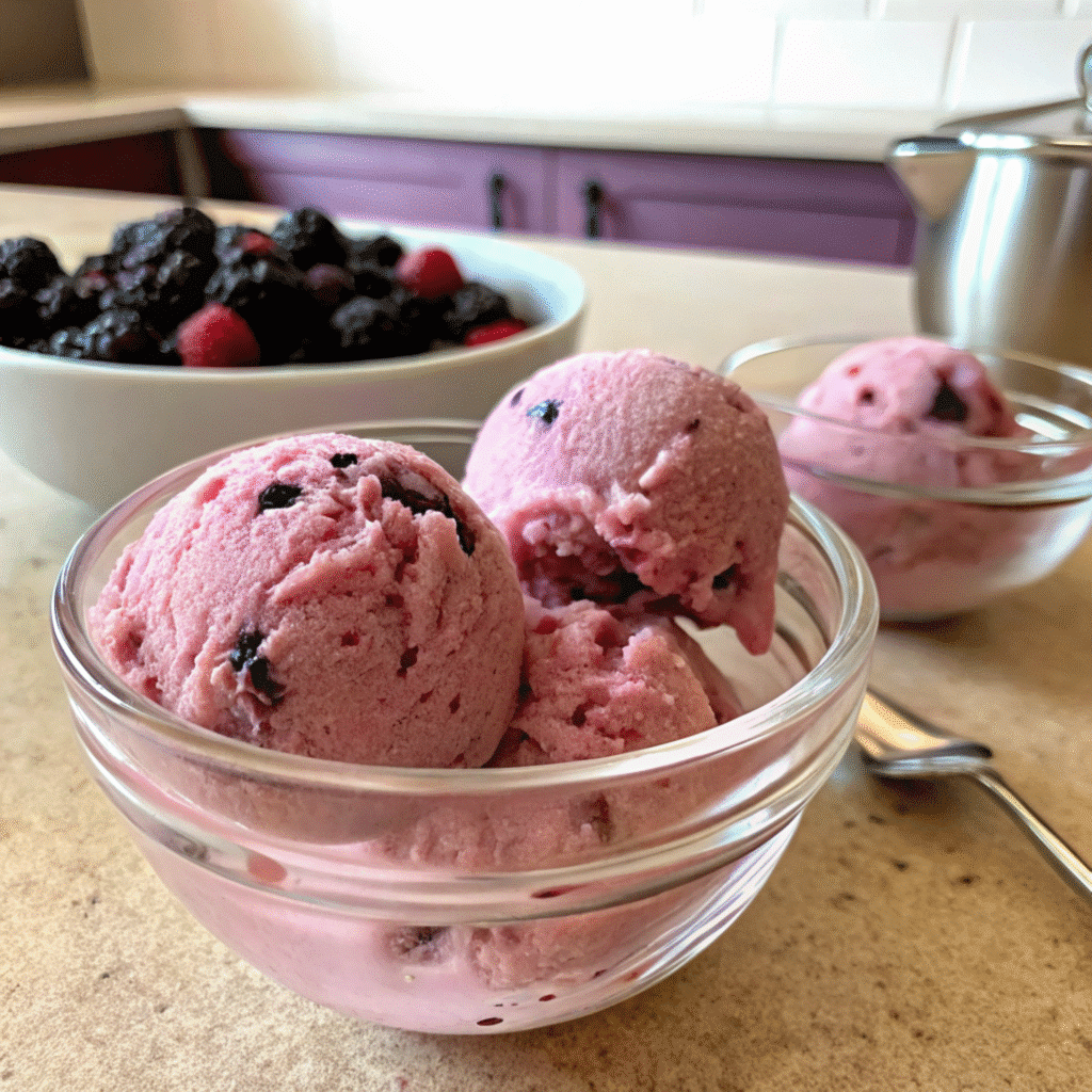 Scoops of vegan blackberry ice cream in a glass bowl.