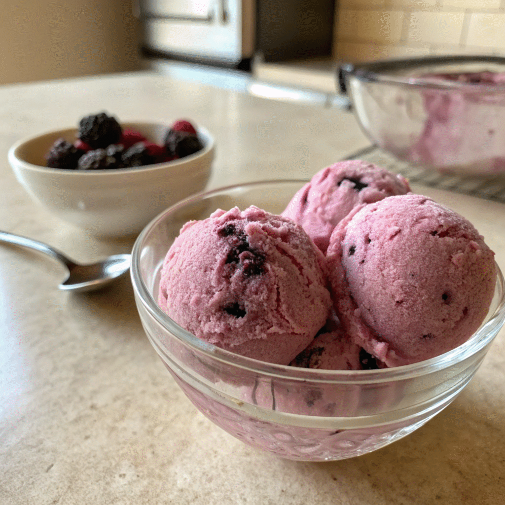 Three scoops of vegan blackberry ice cream in a glass bowl.