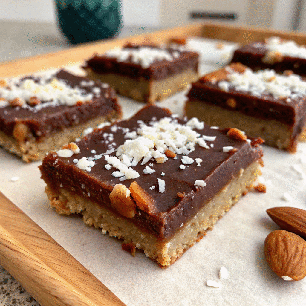 Vegan chocolate coconut bars with nuts and shredded coconut.