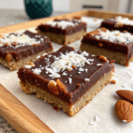 Vegan chocolate coconut bars with nuts and shredded coconut.