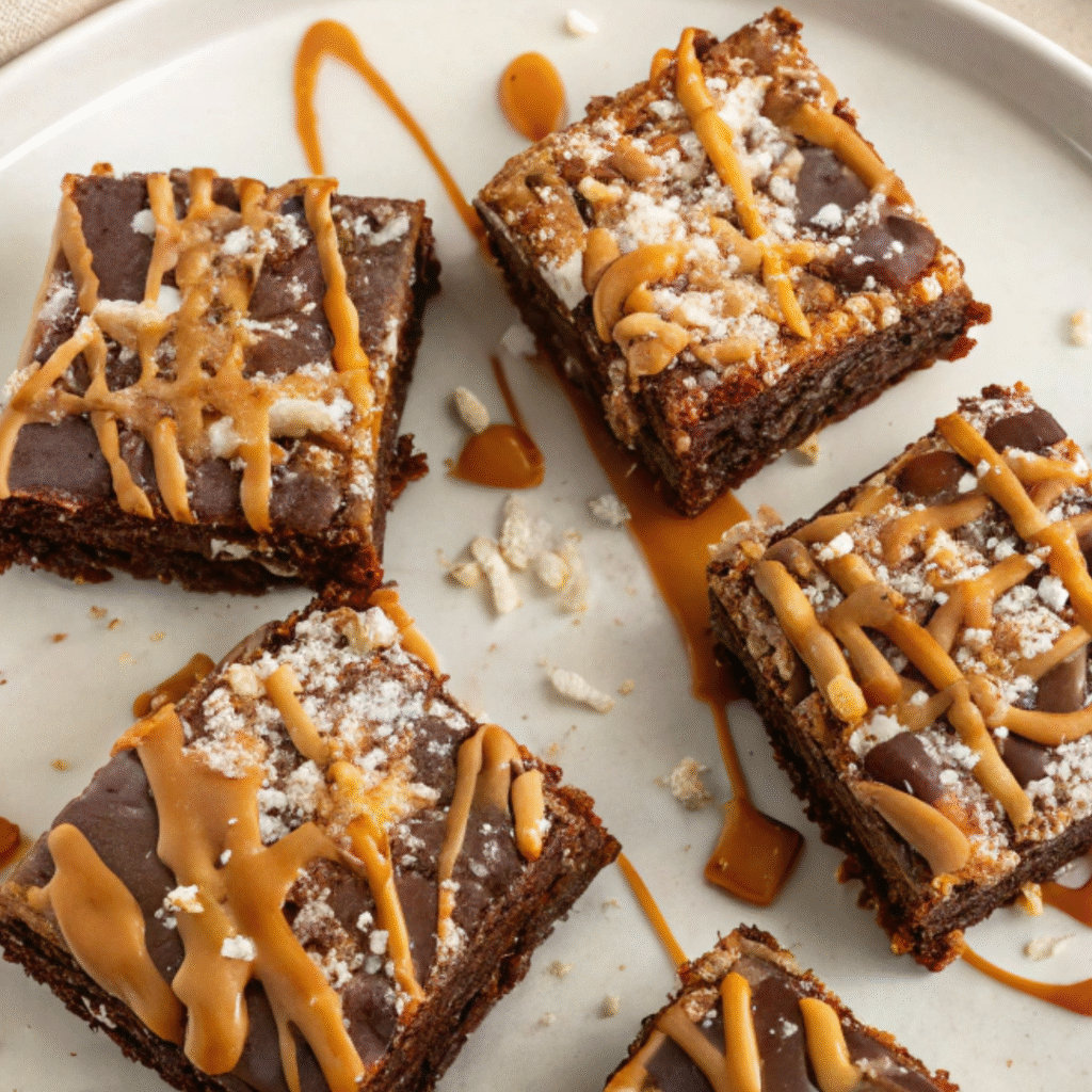Vegan chocolate coconut bars drizzled with caramel sauce.