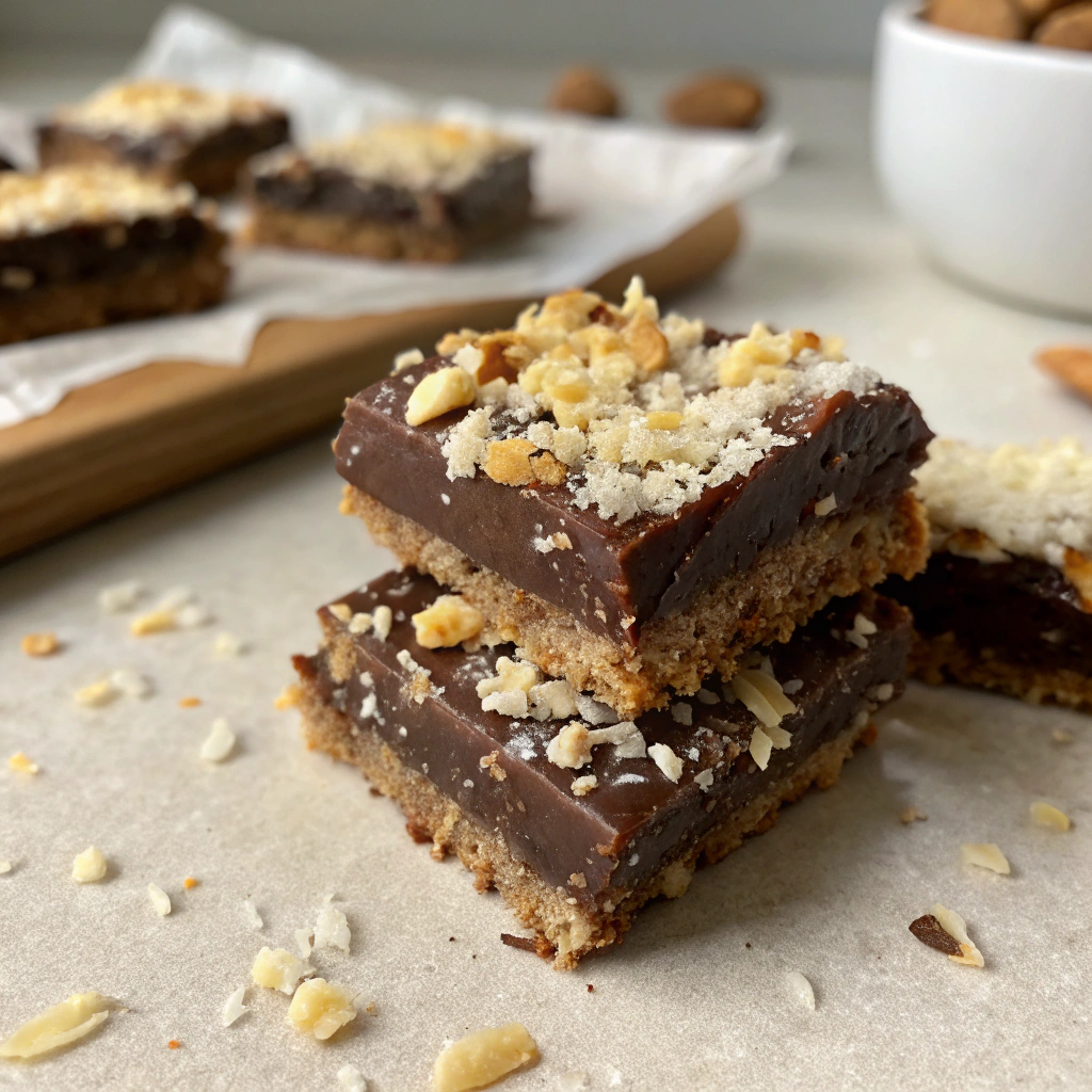Stacked vegan chocolate coconut bars topped with crushed hazelnuts.
