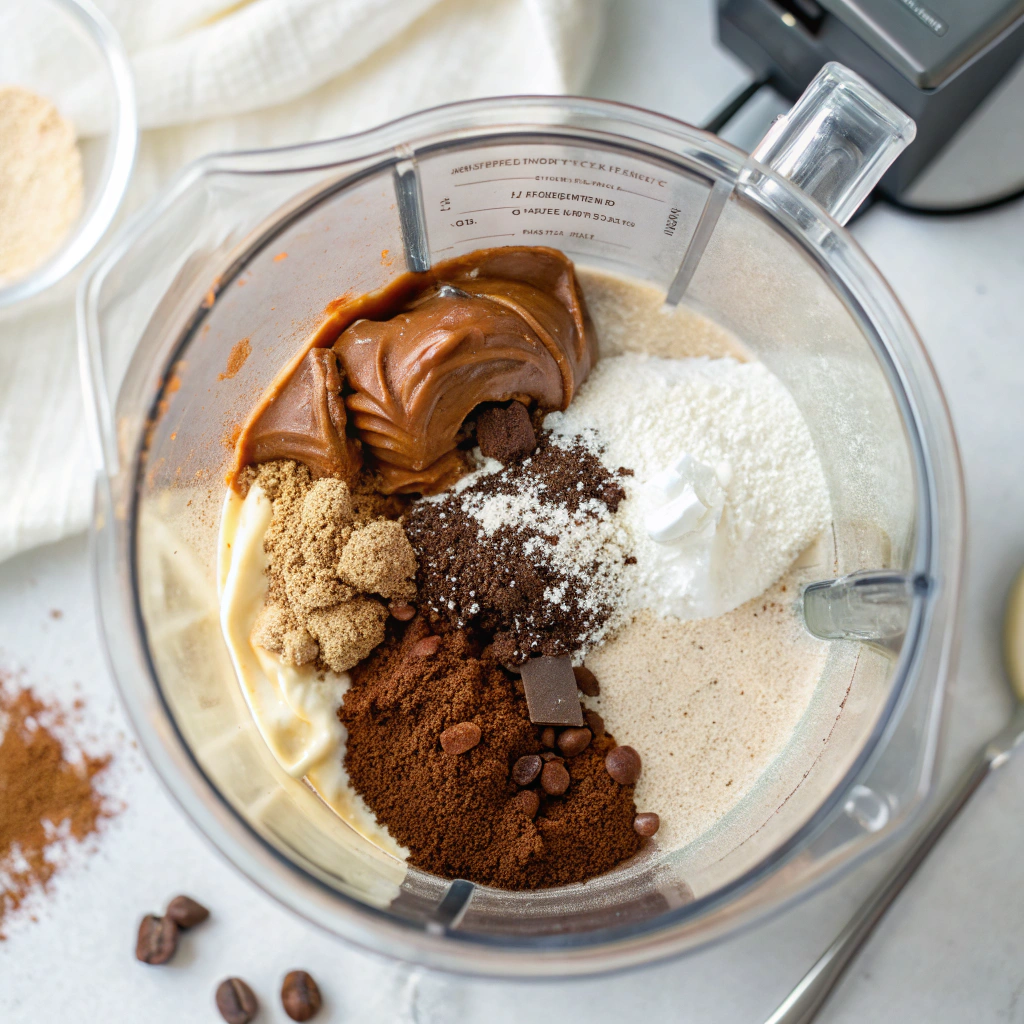 Ingredients for vegan chocolate ice cream layered in a blender jar, ready to blend