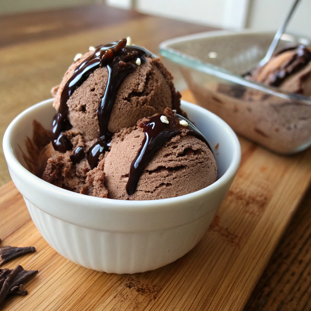 Creamy vegan chocolate ice cream no coconut in a bowl
