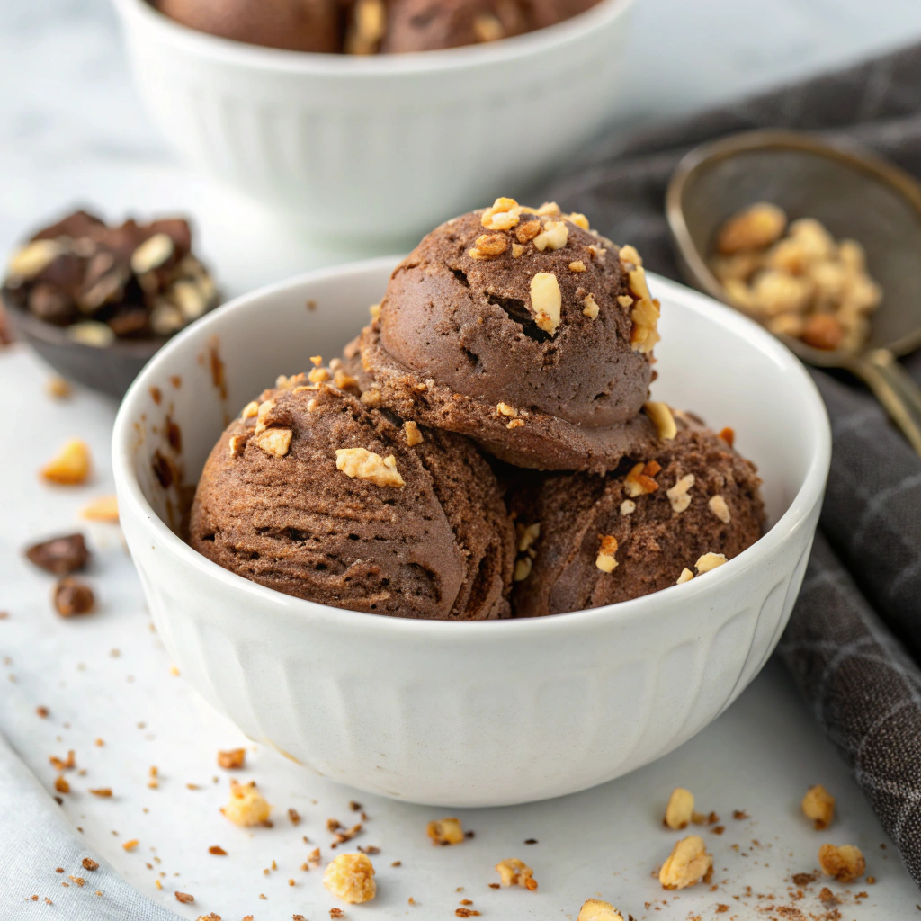 Vegan chocolate ice cream scoops topped with crushed nuts in a white bowl.