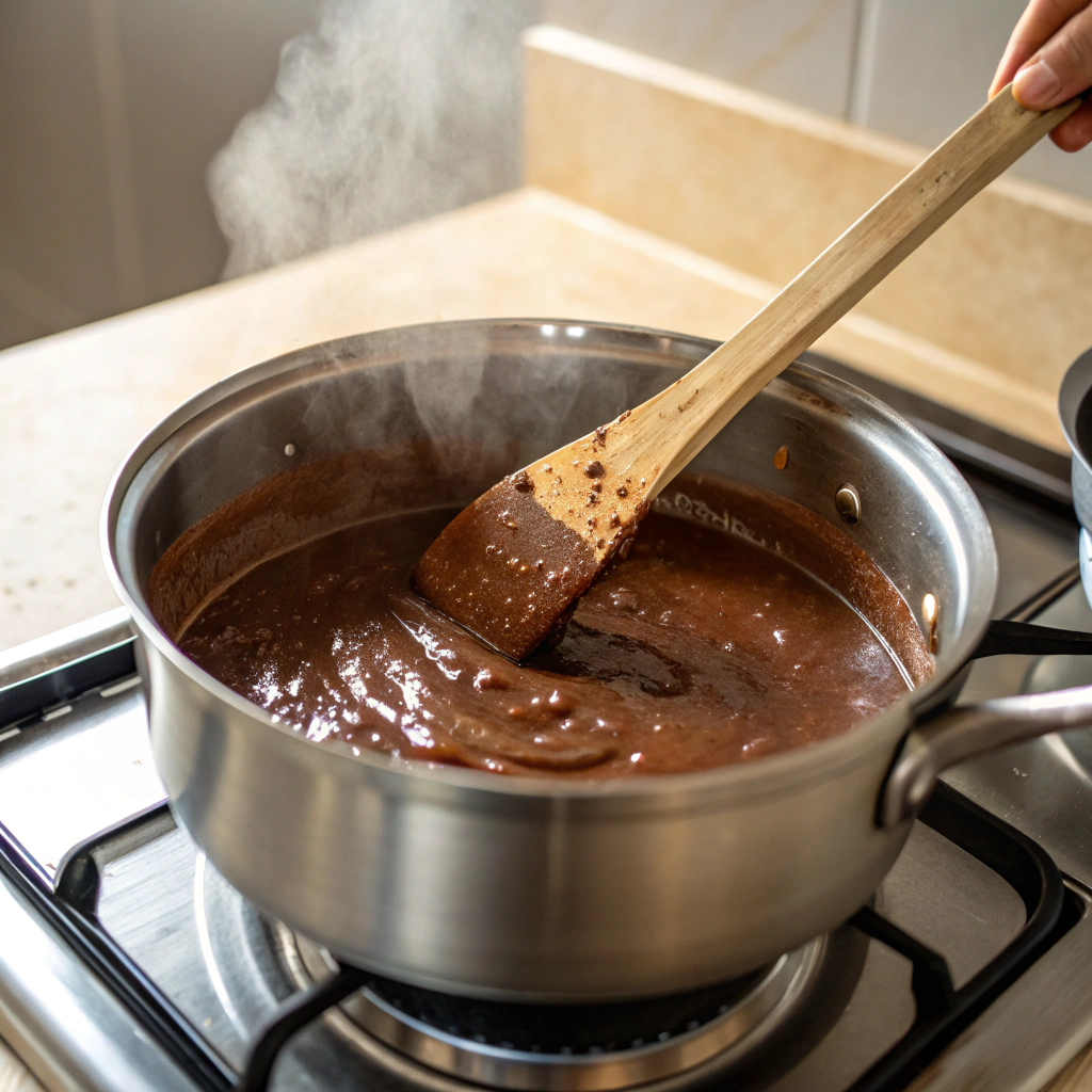 Chocolate mixture bubbling in a saucepan while being stirred with a wooden spoon