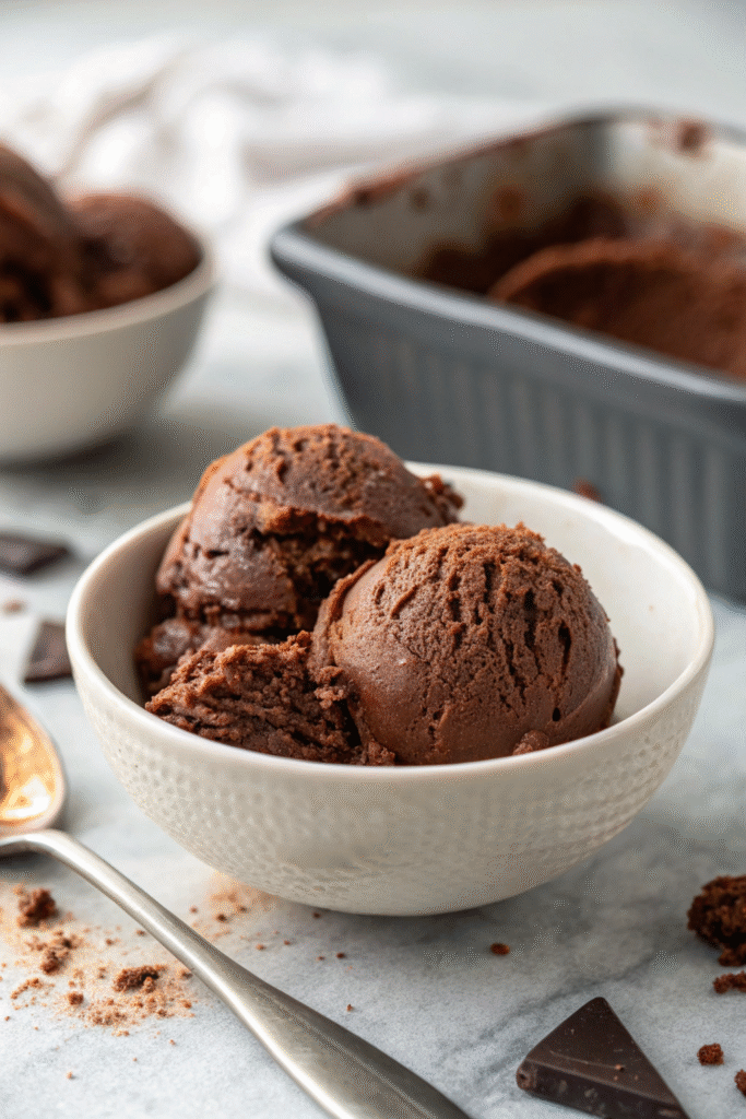 Vegan chocolate sorbet in a white bowl on a marble surface.