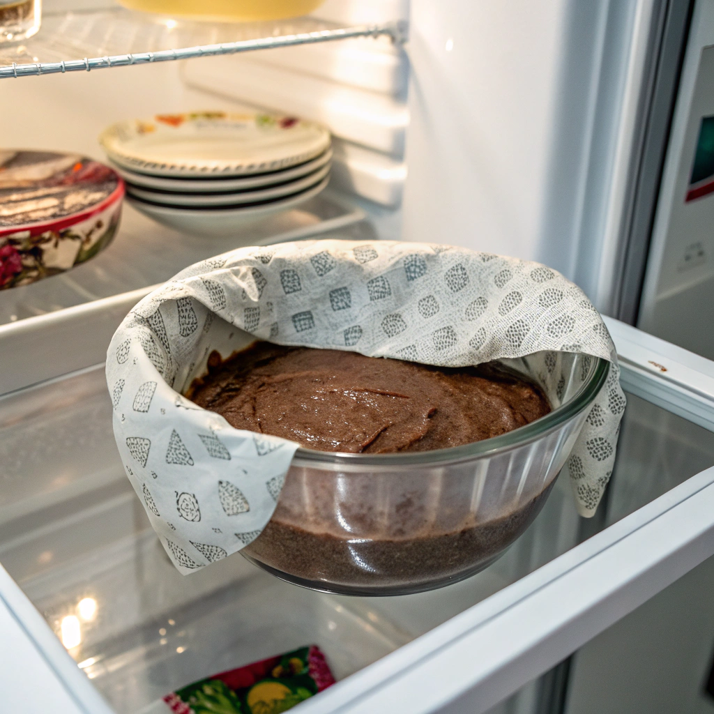 Chocolate ice cream mixture chilling in a glass bowl inside the fridge, partially covered