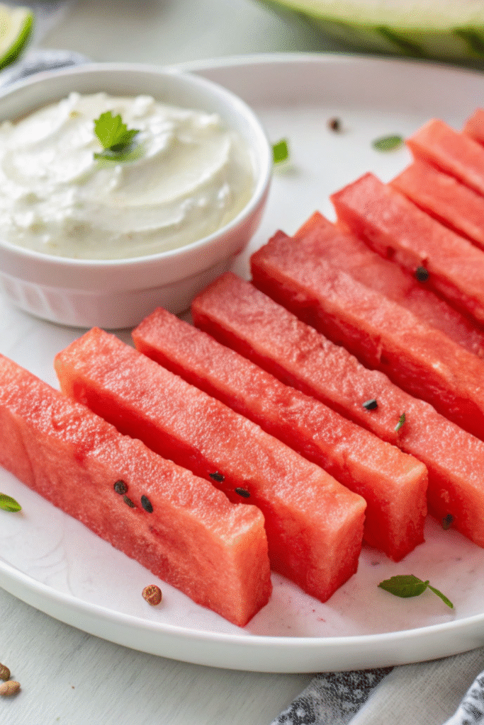 Fresh watermelon fries served with creamy coconut lime dip on a white plate.