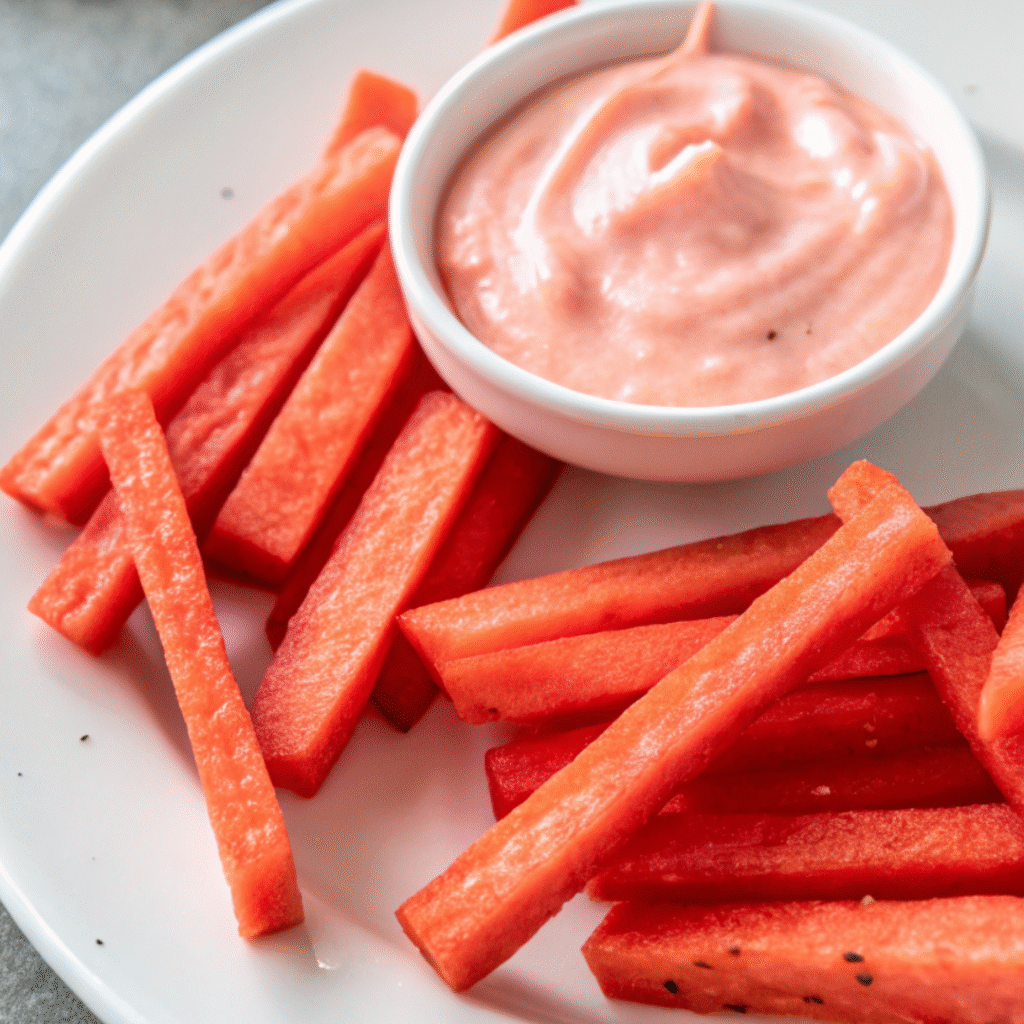 Fresh watermelon fries served with creamy pink dipping sauce on a white plate.