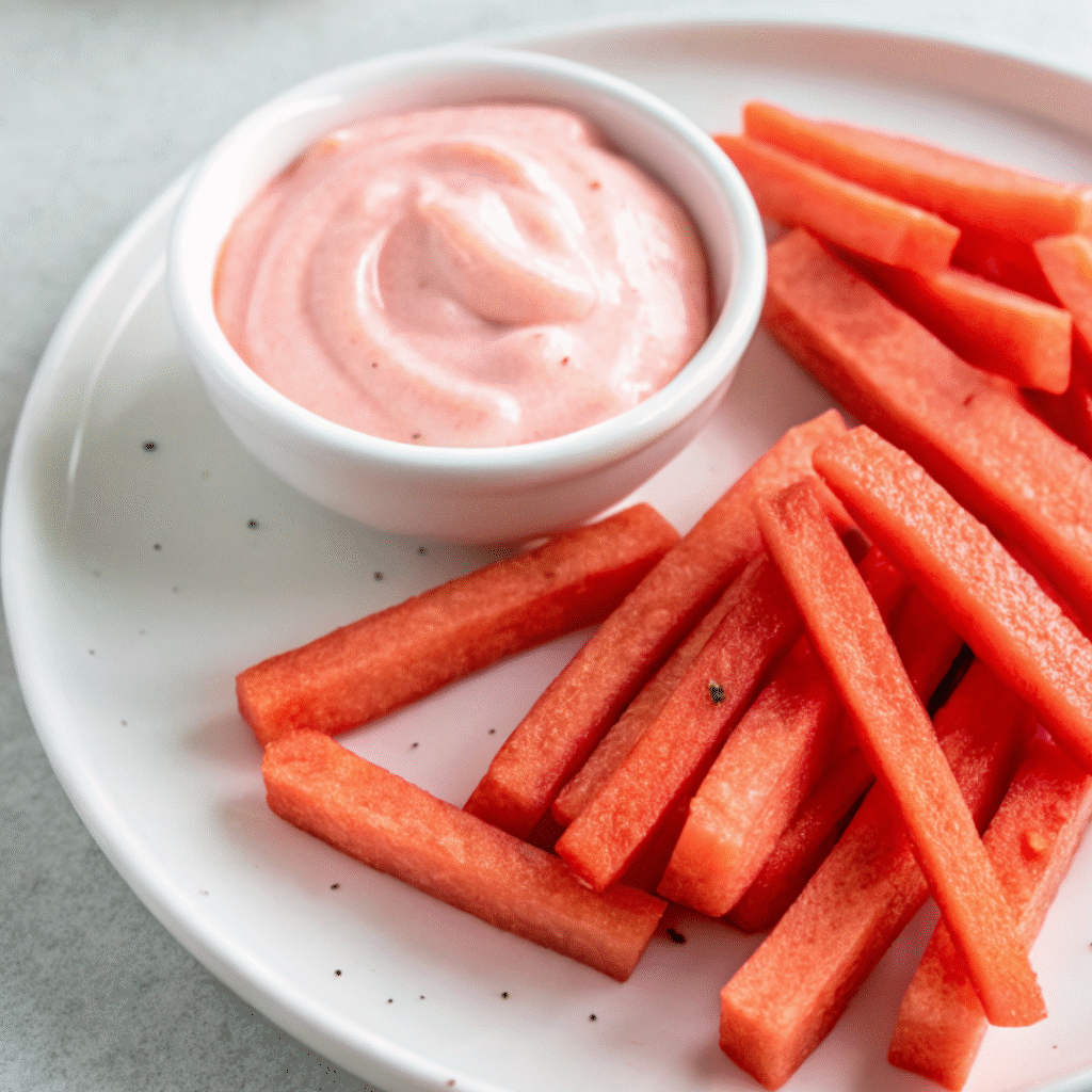 Watermelon fries served with creamy pink dip on a white plate.