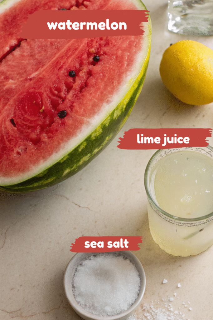 Ingredients for watermelon fries including watermelon, lime juice, and sea salt.