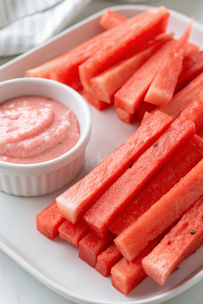 Fresh watermelon fries served with creamy strawberry yogurt dip on a white plate.
