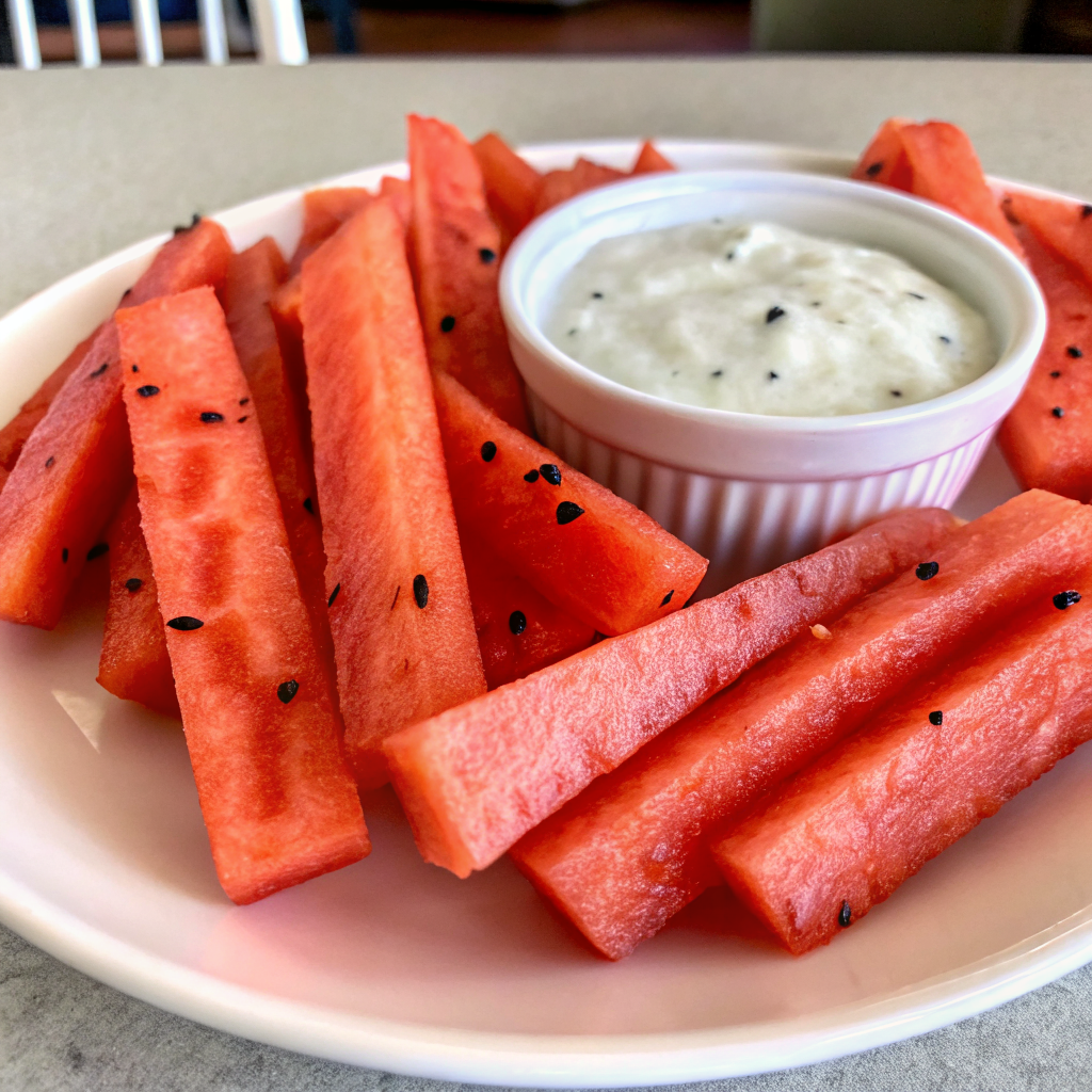 Watermelon Fries with Coconut Lime Dip on a plate with visible black seeds