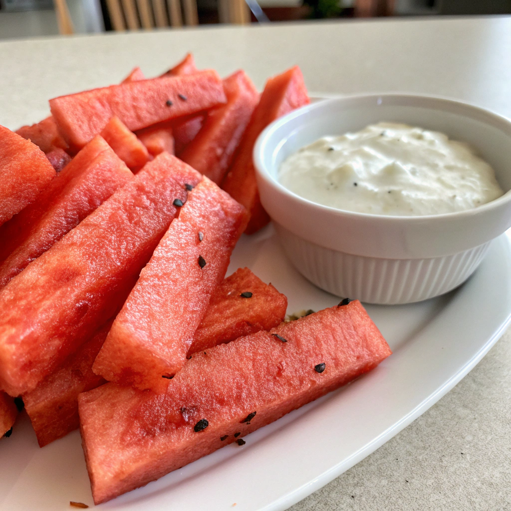 Watermelon Fries with Coconut Lime Dip on a white plate over a beige kitchen counter