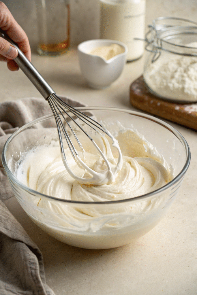 Whipped cream in a glass bowl with a whisk, forming stiff peaks.