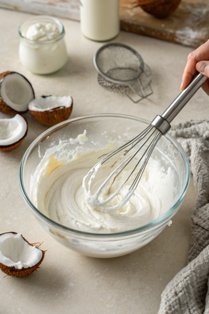 Whipped coconut cream being whisked in a glass bowl on a beige countertop.