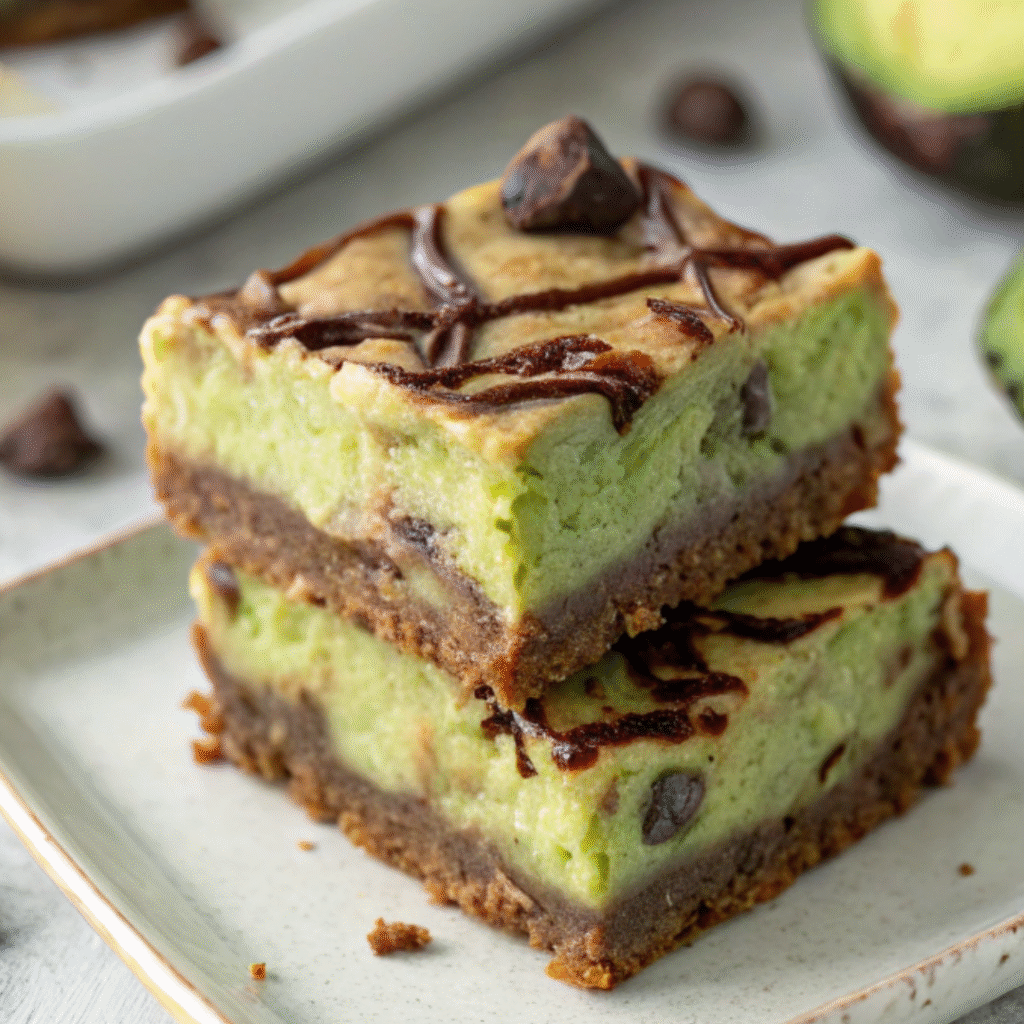 Stacked avocado cheesecake bars with a chocolate swirl on a ceramic plate