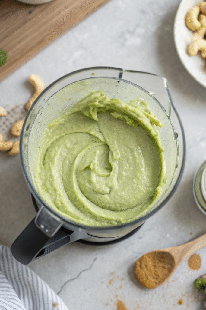 Blended matcha cheesecake filling in a blender
