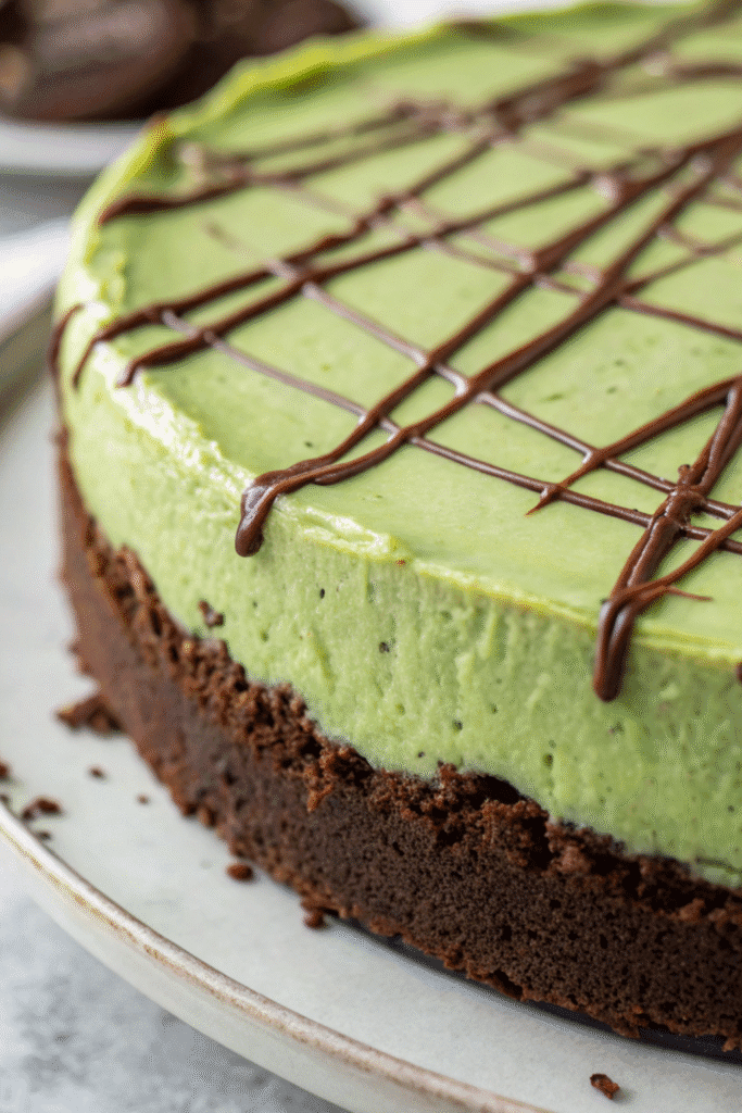Close-up of chocolate-drizzled Green Velvet Cheesecake with rich cocoa crust.