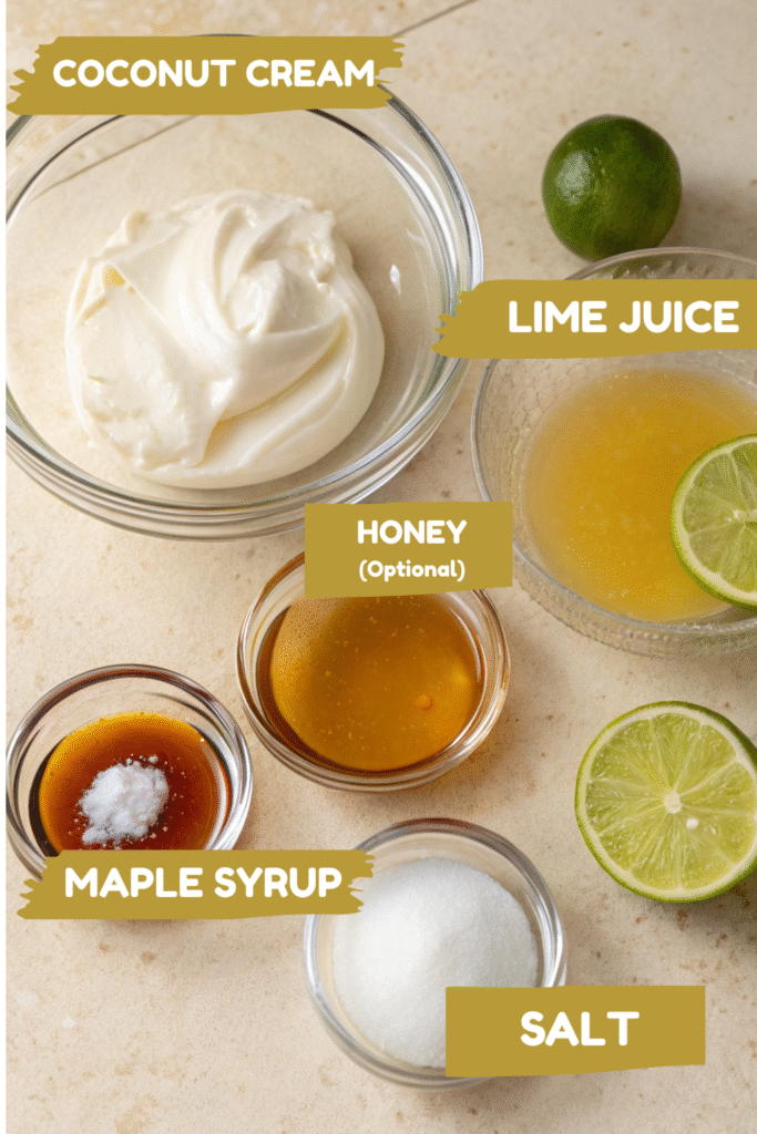 Ingredients for Coconut Lime Dip arranged in small glass bowls on a beige counter