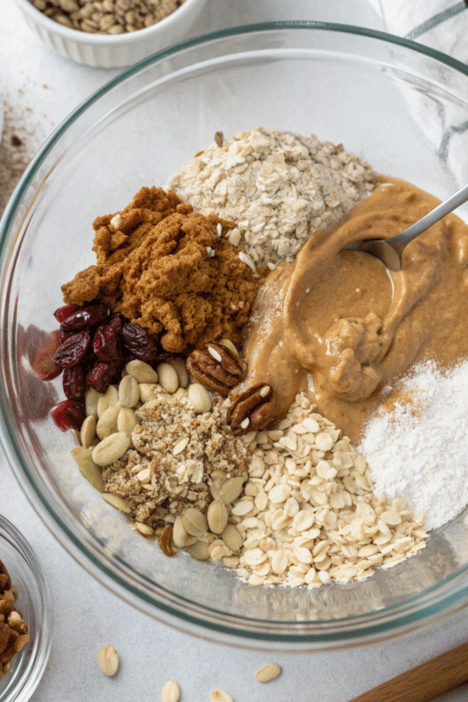 Mixing wet and dry ingredients for homemade protein granola bars in a glass bowl.