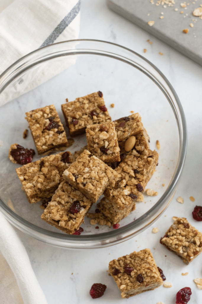 Bowl of fruit granola bars chilling after being cut into bite-sized pieces, with dried cranberries and oats scattered around.