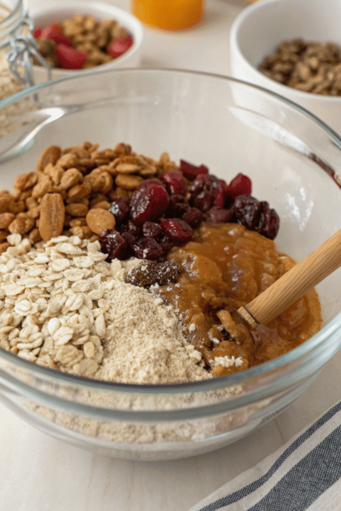 Mixing bowl with oats, nuts, dried fruit, and binder for fruit granola bars.