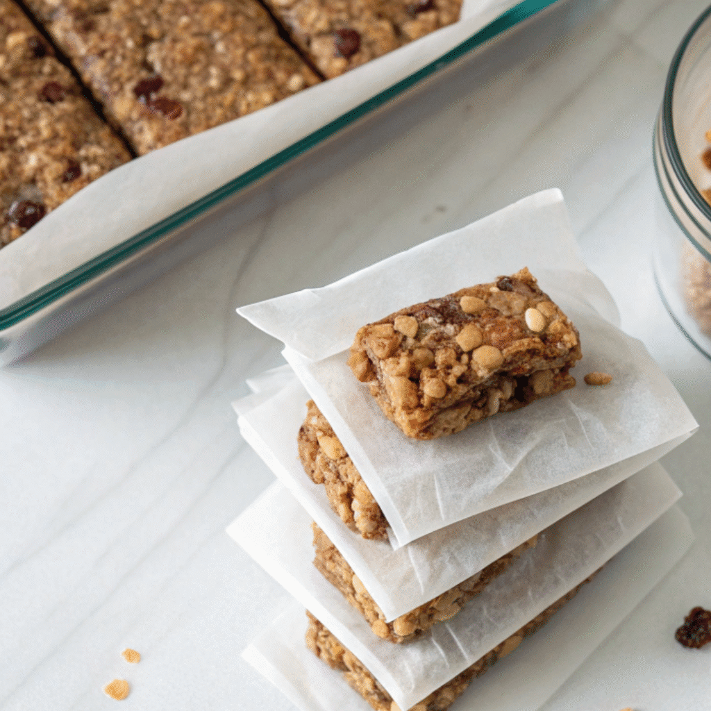 Neatly stacked fruit granola bars wrapped in parchment paper, ready for storage and packing.