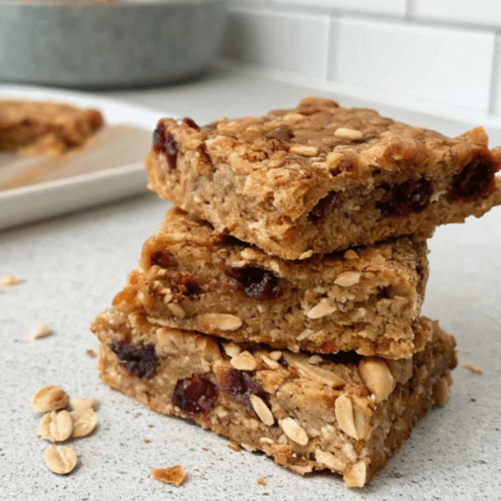 Stack of homemade fruit granola bars with oats, peanuts, and dried cranberries, set on a light kitchen counter.