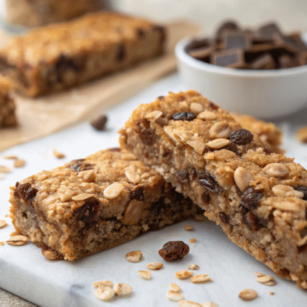 Close-up of granola bars with protein, featuring oats, raisins, and chocolate chips on a marble surface.