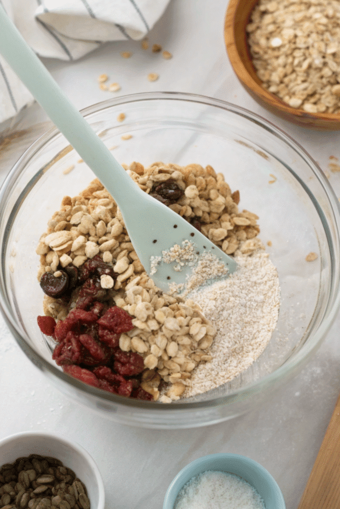 Mixing dry ingredients for fruit granola bars, including oats, dried berries, flour, and seeds in a glass bowl.