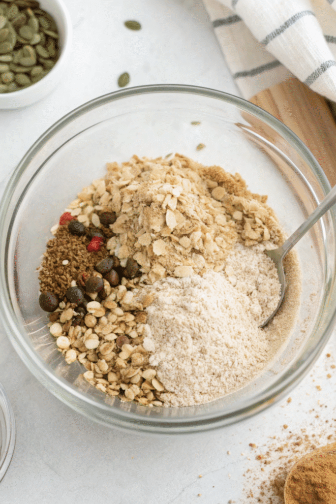 Mixing dry ingredients in a glass bowl for granola protein bars recipe, including oats, protein powder, seeds, and spices.