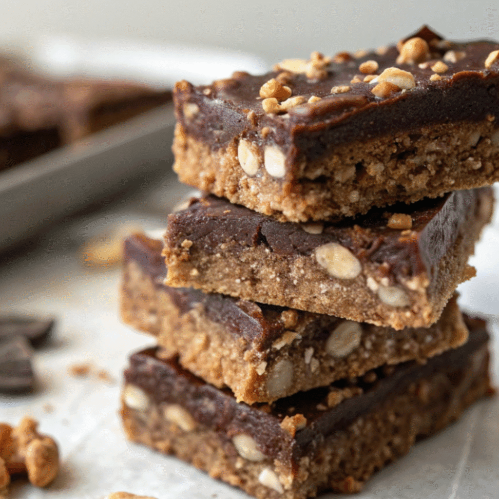 Rich and chewy mocha hazelnut granola protein bars recipe, stacked on parchment paper with crunchy nuts and a fudgy chocolate layer.