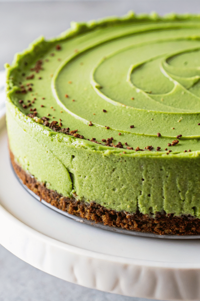 Green cheesecake fully set and ready to slice