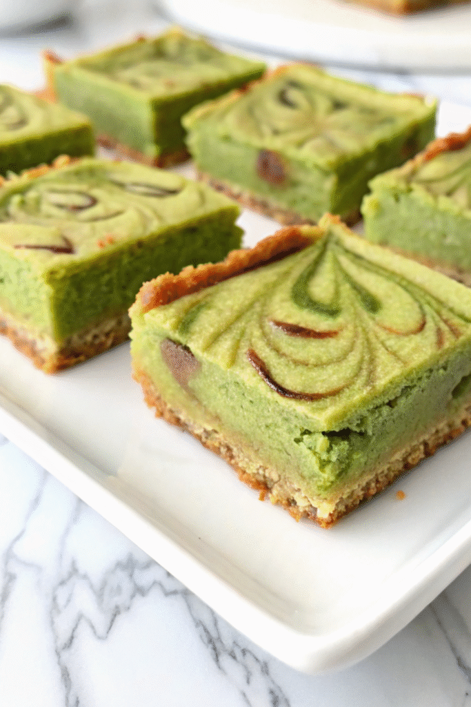 Green cheesecake slices with swirled tops on a white plate